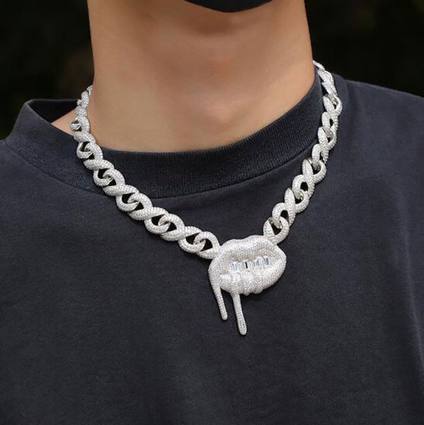 

14k gold lip pendant necklace micro pave cubic zirconia simulated diamonds with 15mm width 16inch 18inch 20inch infinity link chain, Silver