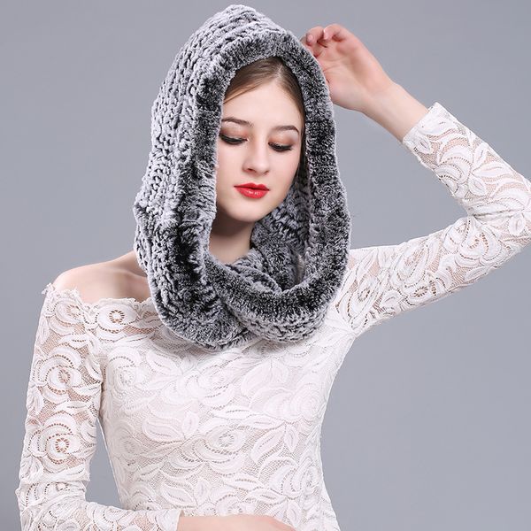 

rex fur hat scarf integrated ladies winter fashion warm knitted hat, Blue;gray