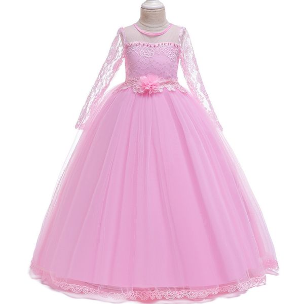

girl's dresses 4-14 year girl teens banquet formal clothes hollow long sleeve lace flower wedding dress children sweet party, Red;yellow