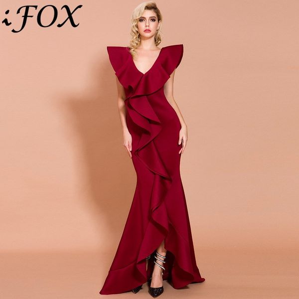 

ifox 2020 v neck ruffles sleeveless solid women dresses elegant zipper back burgundy stain dress vestidos real p, Black;gray
