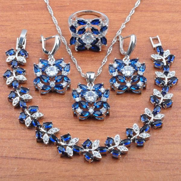 

bridal комплекты ювелирных изделий синий цирконий для женщин свадебные серьги подвеска серебро цвет кольца браслет русский стиль js0361, Silver