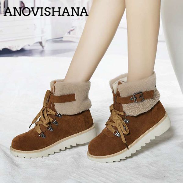 

anovishana winter ankle boots for women wedge heels round toe platform lace up warm plush buckle booties mujer bottes chaussures, Black