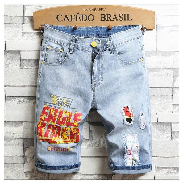 

clothing casual fashion summer new male short pants hole patch print mens shorts elasticity slim men designer, White;black