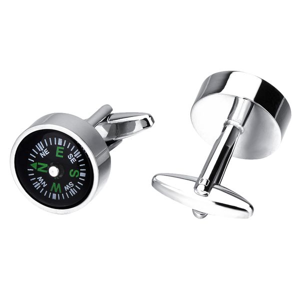 

1 pair of cufflinks classic black cufflinks round compass cufflinks, Silver