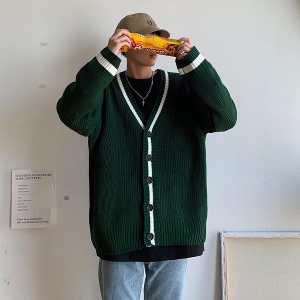 

men's sweaters 2021 autumn and winter japanese knit cardigan men loose korean version of the grid harajuku solid color casual sweater, White;black