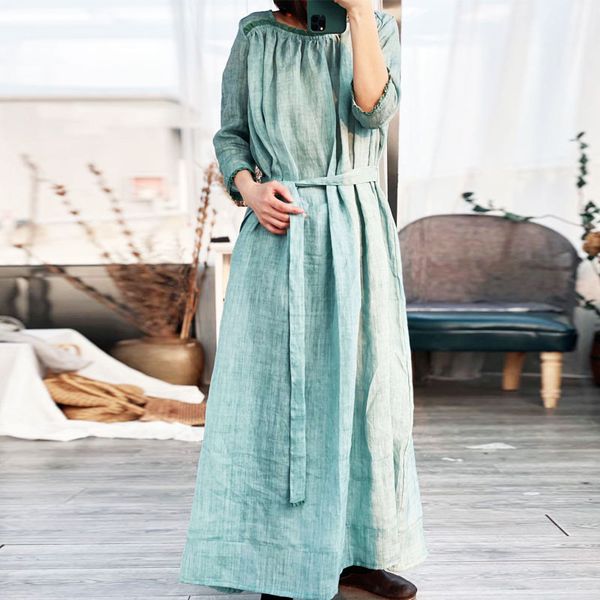 

casual dresses johnature summer retro cotton linen lace up plus size 2021 loose comfortable 3 color nine points sleeve women dress, Black;gray
