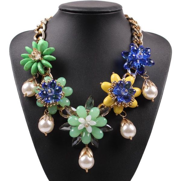 

2020 new latest design elegant gold color chain colorful flower resin crystal pearl pendant women necklace ladies jewelry, Silver