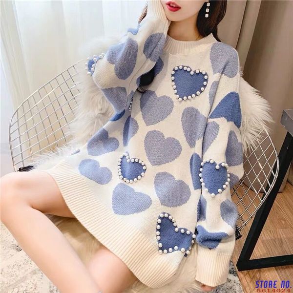 

faux mink cashmere sweater 2020 autumn women pullover beaded love heart jacquard knitted jumper casual pull femme 55469, White;black