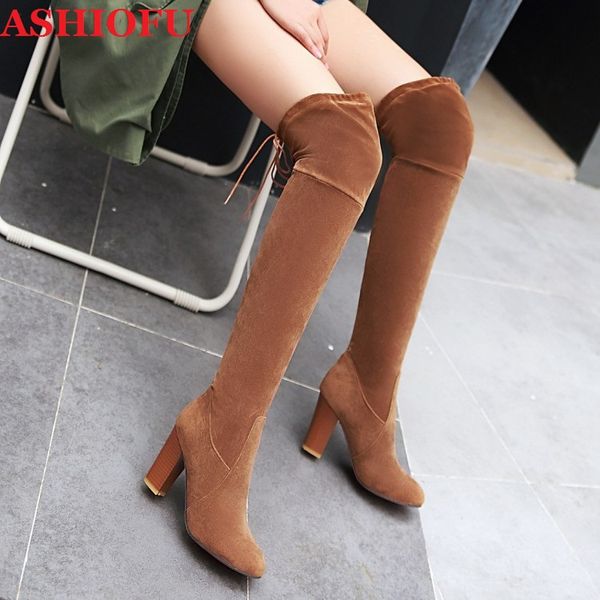 

ashiofu new handmade women's chunky heels over knee boots shoelace party prom club boots winter fashion long shoes 3-color, Black