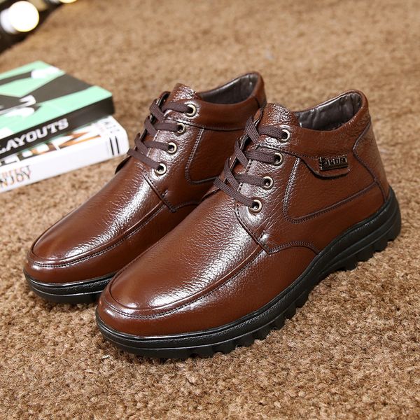

men winter boots business genuine leather ankle high-cotton snow boots with full fur lining for father fgb78, Black