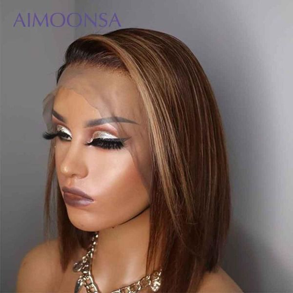 

lace wigs honey blonde front highlighted brown and highlight wig bob straight short human hair 13x4 remy 130%, Black;brown