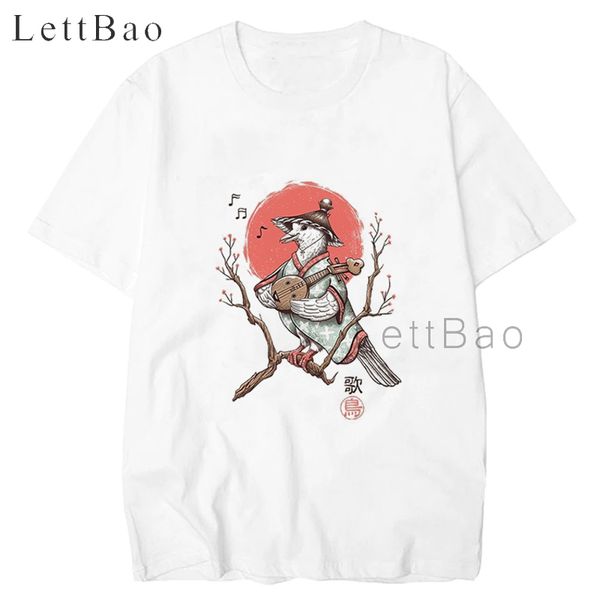 

song bird japanese oversized t shirt harajuku graphic kawaii men's t-shirts cotton 100% print o-neck anime shirt white t-shirt