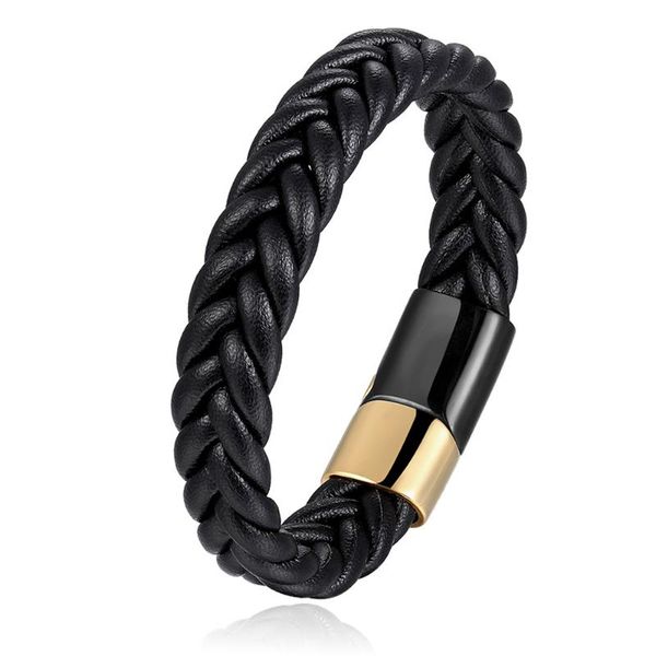 

black genuine braided leather bracelet men women stainless steel magnetic clasp male bracelets bangles punk jewelry, Golden;silver