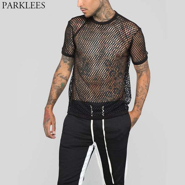 

T-Shirts Mens Mesh Transparent Fishnet T Shirt 2019 Summer New Sexy See-through Short Sleeve Tshirt Men Hip Hop Streetwear Tops Tee 5XL