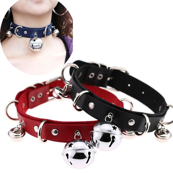 

chokers 1pcs women leather choker necklace bell collar bondage punk jewelry gift, Golden;silver