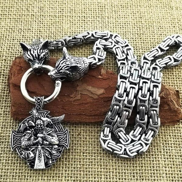 

men stainless steel necklace viking warrior odin crow pendant wolf head chain necklace fashion punk jewelry, Silver