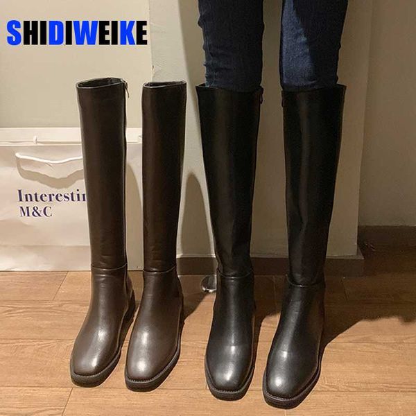 

boots 2021 winter leather women knee high motorcycle square toe zip footwear low heels female riding boot woman long, Black