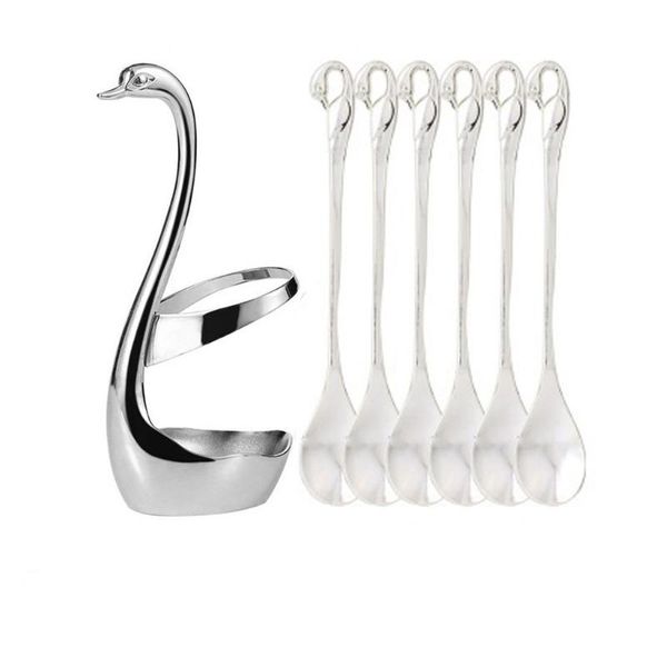 

flatware sets 7pcs swan fruit tableware base holder forks set stainless steel salad dessert coffee spoon cake