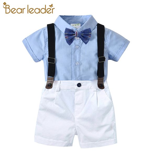 

bear leader baby boys clothing set bow formal summer british style baby clothes suit blue shirt suspender pants outfits, White