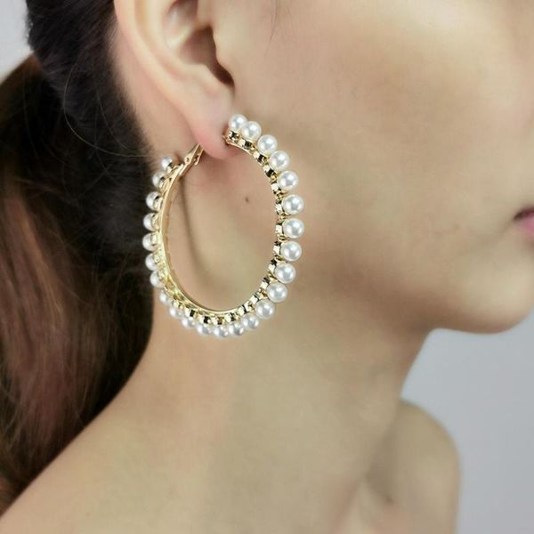 

60mm diameter imitation pearl hoop earrings for women statement big earrings brincos wedding party jewelry ukmoc, Golden;silver