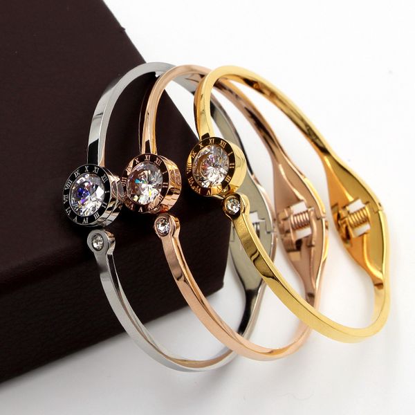 

bangle fashion better round crystal roman numerals spring bracelet rose gold color stainless steel woman party gift, Black