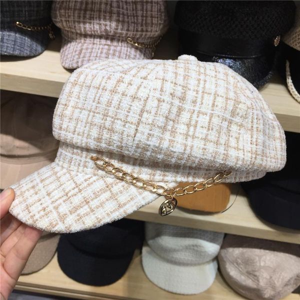 

stingy brim hats 2021 winter girls fashion plaid ivory beret checks octagonal beige sboy hat women tweed baker boy with chains, Blue;gray