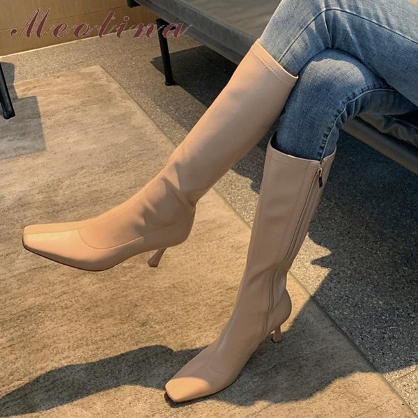 

meotina женщины колено высокие сапоги обувь площади toe шпильках stretch сапоги на молнии высокий каблук женская длинная осень зима 40, Black