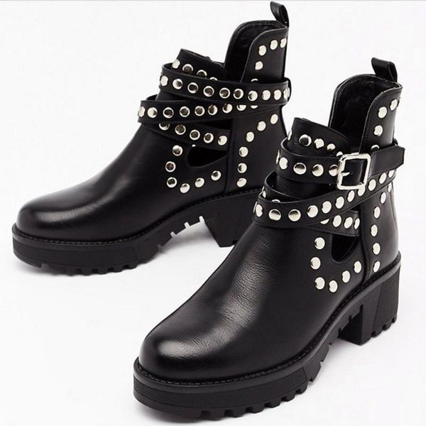 

bonjomarisa brand female platform buckel rivet fashion ankle boots square heel motocycle boots women designer shoes woman, Black