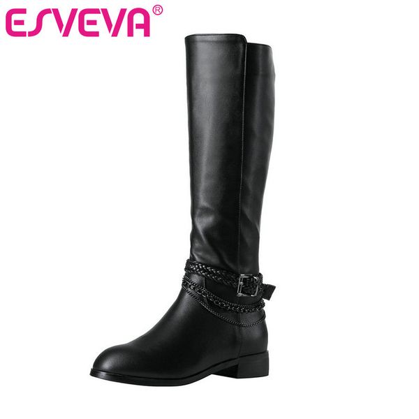 

esveva 2020 shoes women knee-high boots square low heel elegant pu+ leather elegant boots platform motorcycle size 34-42, Black