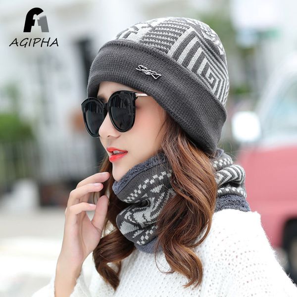 

beanie/skull caps winter warm women knitted beanie hats and scarf set casual double layer soft lining cap scarves sets for ladies type hk01, Blue;gray