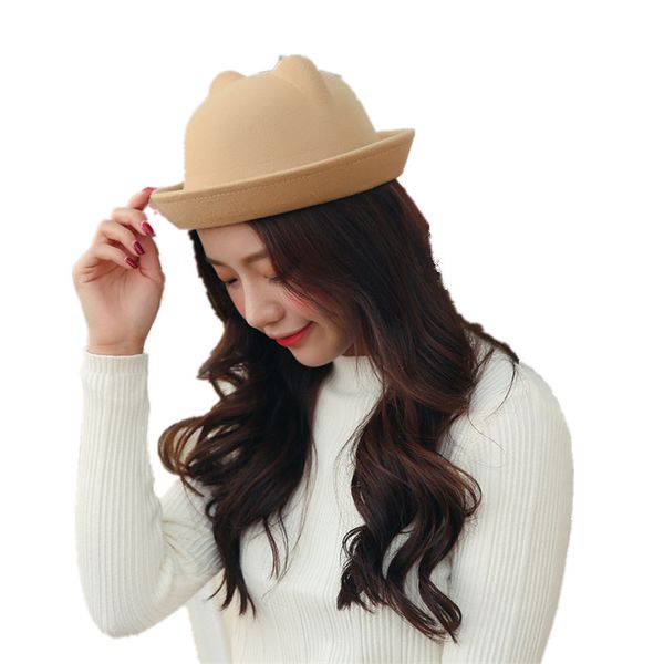 

stingy brim hats novelty ear imitation wool fedoras femme cat bowler quality cotton jazz cap fashion women round caps yg611, Blue;gray