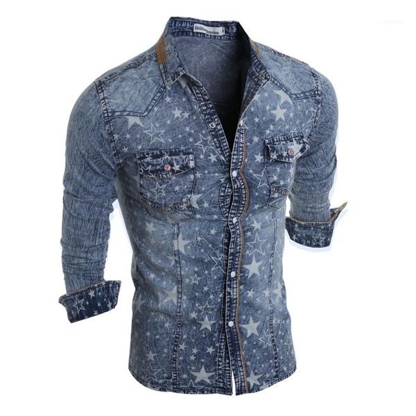 

shirts slim stars printed lapel neck long sleeve casual shirts fashion mens washed denim mens designer, White;black