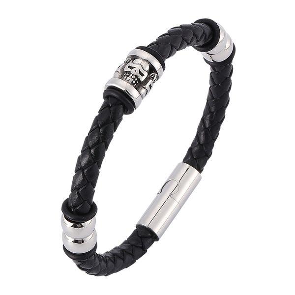 

vintage male braided leather skull bracelet handmade s.steel magnet clasp skeleton punk wristband party jewelry gifts c0415, Golden;silver