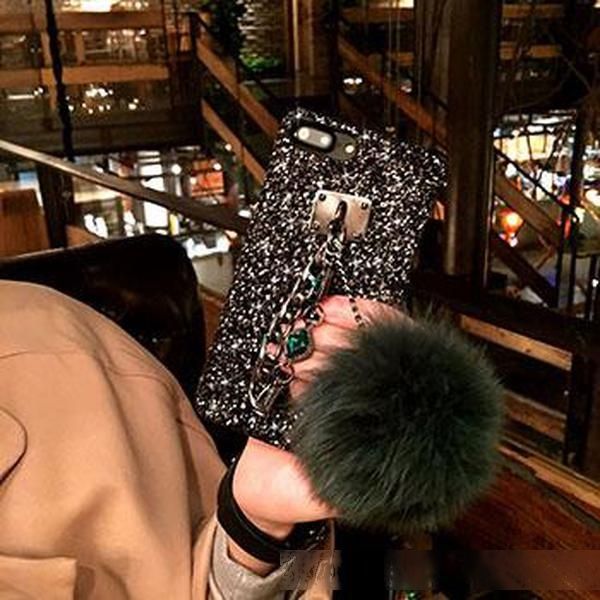 

phone cases luxury shiny 3d diamond bracelet for iphone11 pro xs 8 plus x phone cases fox fur ball matte cover case