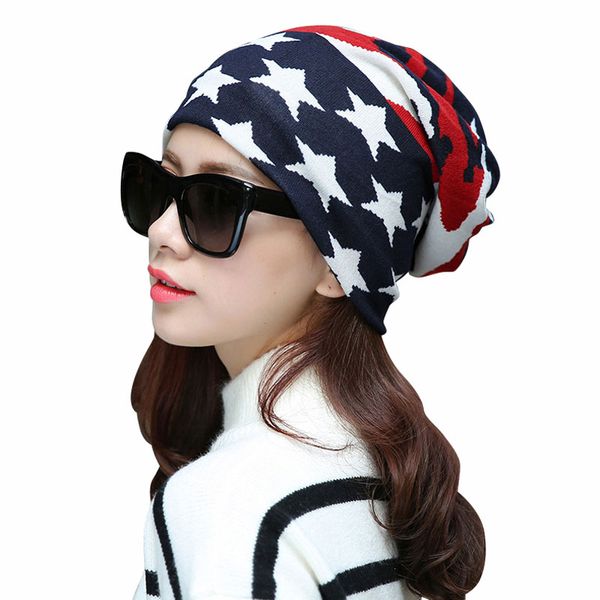 

beanies autumn winter women's hats knitted cotton print skullies casual cap gorros bonnet femme hat for girls