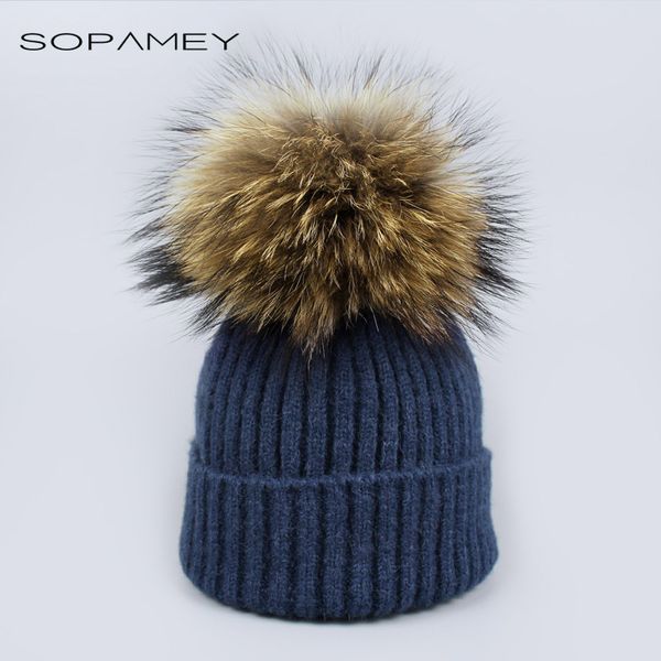 

beanie/skull caps natural raccoon fur hats for women knitted braid beanie female pompon headgear winter girl lady skullies, Blue;gray