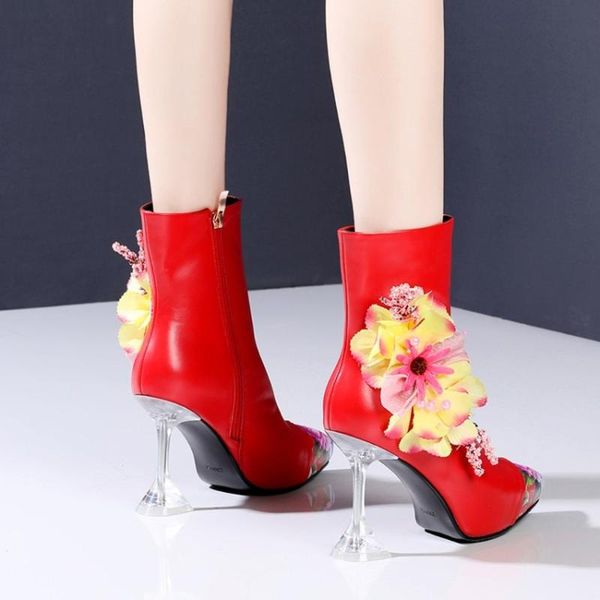 

womens pointy toe genuine leather 3d flowers decor ankle boots strange high clear red wine glass heel shoes 2colors new, Black