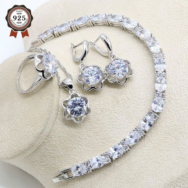

earrings & necklace white zircon wedding jewelry silver color simple flower rings/bracelets/pendant set gift box
