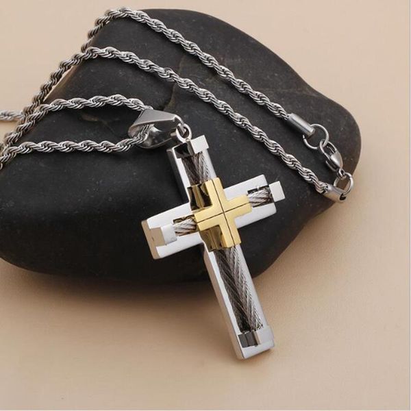 

stainless steel big cross pendant necklace with rope chain religious church cross necklace jewellery gift for men women, Silver