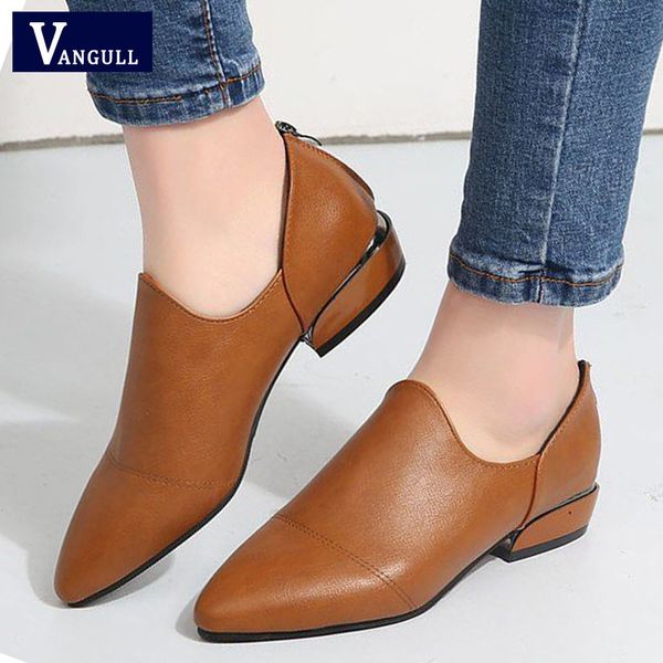 

vangull spring flats women shoes loafers pu leather elegant low heels slip on footwear female pointed toe thick heel shoe 2020, Black