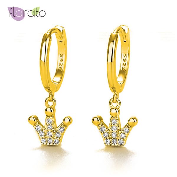 

european and american 925 sterling silver small hoop earrings for women charming crown cz gold silver color fashion jewelry, Golden;silver