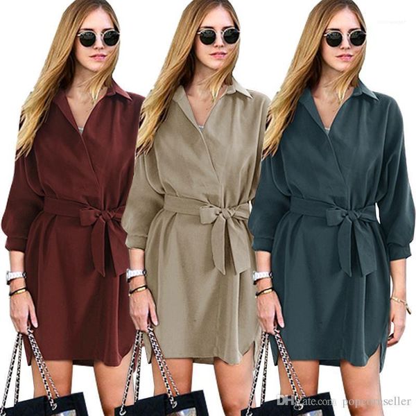 

fitting mid sleeve lapel shirt dresses mid length tunic lace up dress women designer summer dresse new loose, Black;gray