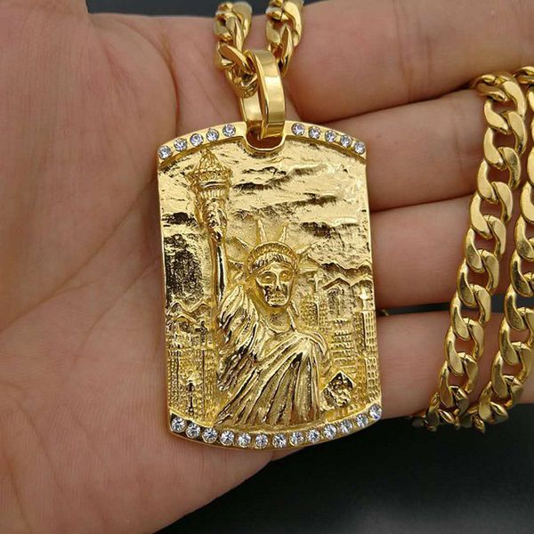

pendant necklaces hip hop rhinestones paved bling iced out stainless steel geometric sqaure statue of liberty pendants for men jewelry, Silver