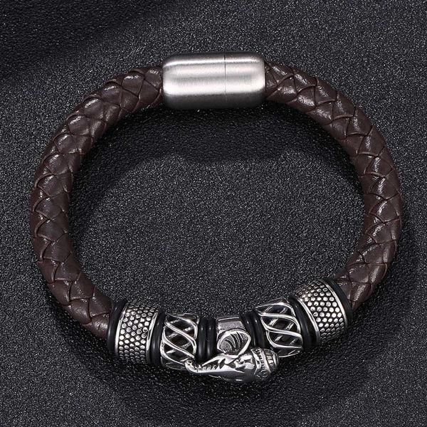 

charm bracelets personality elephant men's brown woven leather bracelet stainless steel magnetic buckle fashion 7-sp0146, Golden;silver