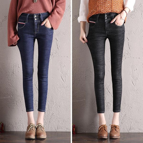 

2020 women skinny denim pencil pants high waist slim pockets pants women stretch single-breasted black jeans plus size, Blue