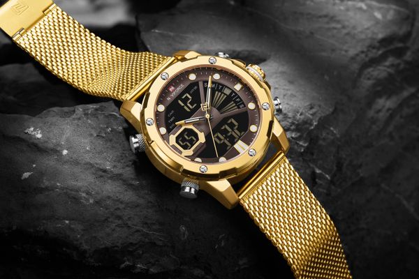 

naviforce mens sport watches luxury gold quartz steel strap waterproof military digital wrist watch clock relogio masculino, Slivery;brown