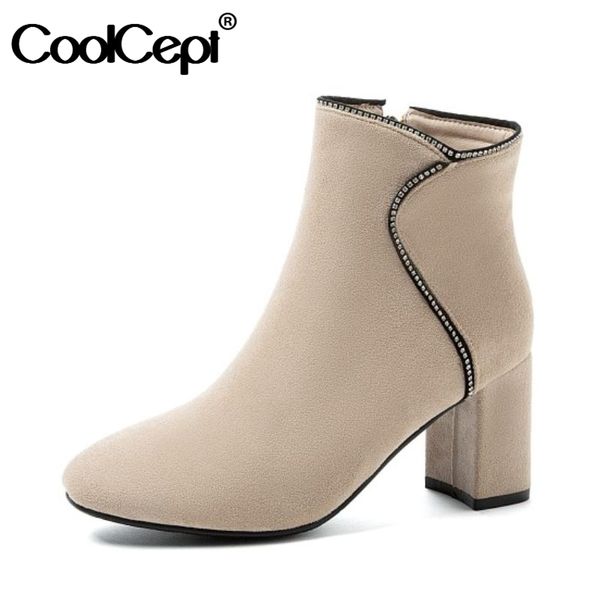

boots coolcept fashion ankle round toe thick heel zipper flock classic shoes solid rhinestone ladies footwear size 33-43, Black