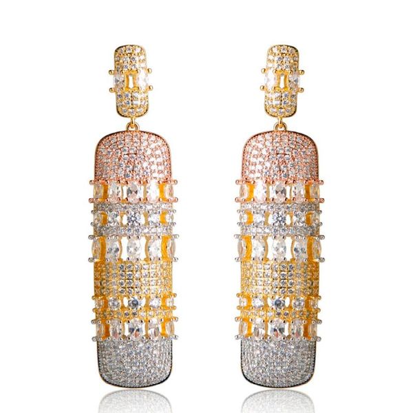 

dazz luxury wedding birdal dangle earrings three tone color long pendant drop ear pendientes shiny cz zircon copper earring, Silver