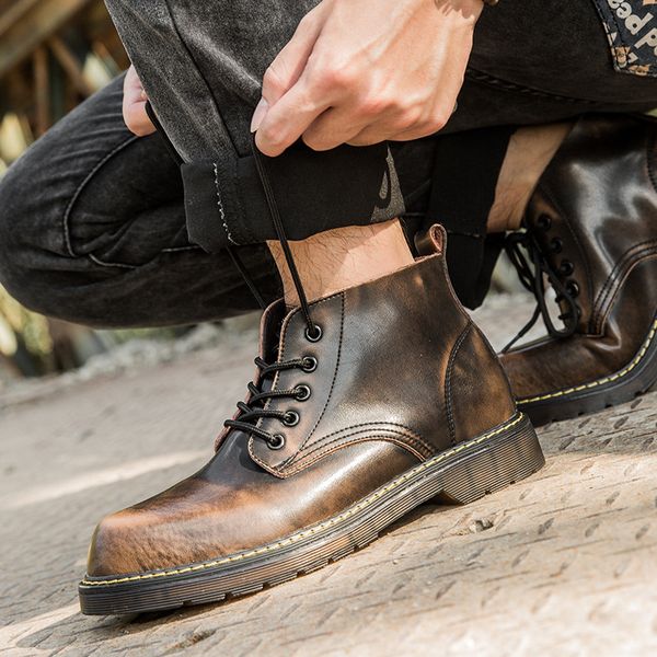 

2020 genuine leather boots men fashion all black non-slip shoes male shoelace boots casual vintage style short men 38-47