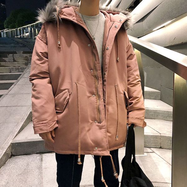 

winter jacket men's warm fashion casual fur collar hooded coat men parka streetwear loose cotton thick short coat mens clothes, Black